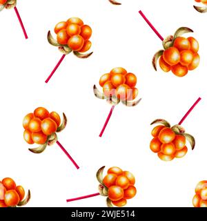 Nahtloses Aquarellmuster mit nördlichen Waldbeeren-Wolkenbeeren-Illlustrationen. Saftige Orangenbeere isoliert auf Hintergrund. ClipArt für Designer, t Stockfoto