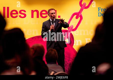 Potsdam, Deutschland. Februar 2024. Bundesfinanzminister Christian Lindner (FDP) spricht am politischen Aschermittwoch der FDP Brandenburg. Quelle: Fabian Sommer/dpa/Alamy Live News Stockfoto