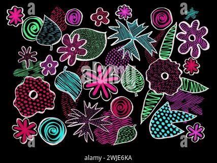 Blumen und Blätter im Doodle-Stil. Verschiedene Farben und weiße Konturen. Rosa, Lila, Blau, Grün. Schwarzer Hintergrund. Elemente werden mit Differen gefüllt Stockfoto
