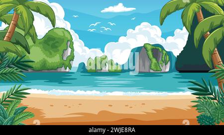 Ruhiger Blick auf den Strand mit üppig grünen Inseln und Palmen Stock Vektor