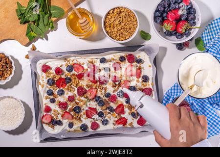Kochen Herstellen gefrorener Joghurtrinde Hintergrund mit griechischem Joghurt, frischer Beere, Müsli, Honig, Schokoladensauce, mit Backblech Deko. Blick von oben auf die Frau Stockfoto