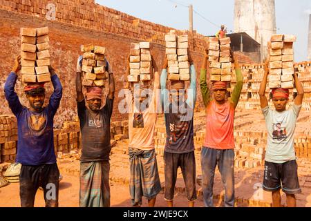 Dhaka, Dhaka, Bangladesch. Februar 2024. Arbeiter tragen in einem Ofen in Dhaka, Bangladesch, Steine mit einem Gewicht von mehr als 20 kg auf dem Kopf. Die Arbeiter '''', die weniger als Â£1 pro Schicht ''''' erhalten, bewegen bis zu 2.500 Steine pro Tag unter heißen Bedingungen. Rund 4 00.000 einkommensschwache Migranten kommen jedes Jahr aus verschiedenen Teilen des Landes nach Dhaka, um in brickfields zu arbeiten. Lange Arbeitszeiten unter sengender Sonne auf den Ziegelfeldern, massive Staubansammlungen, Sturzgefahr von LKW und Ziegelhaufen und das Tragen übermäßiger Lasten stellen eine ernste Gesundheitsgefährdung für die W dar Stockfoto