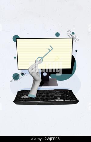 Vertikales Collage-Bild mit schwarz-weißen Farben die Armfinger halten die Tastatur des Computerbildschirms isoliert auf kreativem Hintergrund Stockfoto