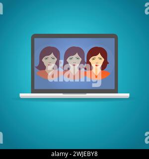 Kopf einer Frau multiplizierte sich auf dem Bildschirm eines Laptops, Deep-Fake-Konzept als Symbol für falsche Darstellung oder Identitätsdiebstahl Stock Vektor