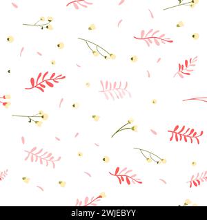 Botanisches nahtloses Muster handgezeichnet. Weißer Hintergrund mit zarten Blumen und Blättern. Minimalistischer Stil. Vektorabbildung. Stock Vektor
