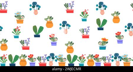 Botanisches nahtloses Muster für den Druck von Textilien, Papier, Karten. Innenblumen. Pflanzen in Töpfen für den Innenraum unterbringen. Minimalismus. Vektorabbildung. Stock Vektor