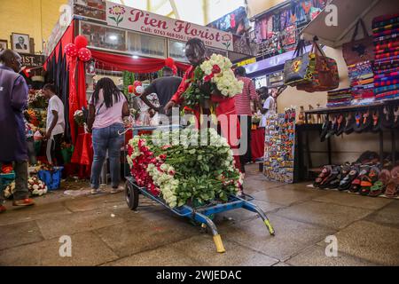 Nairobi, Kenia. Februar 2024. Ein kenianischer Mann liefert Blumen in einem Geschäft am Nairobi City Market zum Valentinstag in Nairobi. Kenianer füllten verschiedene Straßen im ganzen Land, während sie den Valentinstag feierten, trotz der harten wirtschaftlichen Situation, die derzeit erlebt wird. Floristen und Souvenirläden, die in Nairobi verstreut sind, verzeichneten auch einen erhöhten Verkehr, da Kenianer den Moment nutzten, um Geschenke und Hindernisse für ihre Lieben zu kaufen. Kenia ist ein großer Exporteur von Blumen nach Europa und in den Nahen Osten. Quelle: SOPA Images Limited/Alamy Live News Stockfoto