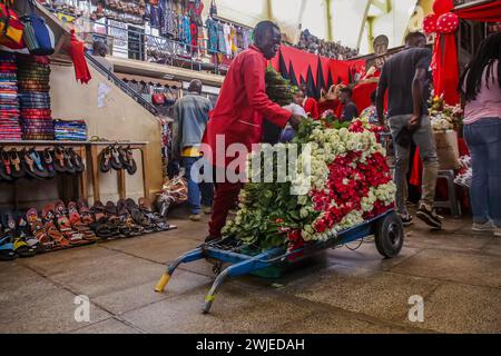 Nairobi, Kenia. Februar 2024. Ein kenianischer Mann liefert Blumen in einem Geschäft am Nairobi City Market zum Valentinstag in Nairobi. Kenianer füllten verschiedene Straßen im ganzen Land, während sie den Valentinstag feierten, trotz der harten wirtschaftlichen Situation, die derzeit erlebt wird. Floristen und Souvenirläden, die in Nairobi verstreut sind, verzeichneten auch einen erhöhten Verkehr, da Kenianer den Moment nutzten, um Geschenke und Hindernisse für ihre Lieben zu kaufen. Kenia ist ein großer Exporteur von Blumen nach Europa und in den Nahen Osten. Quelle: SOPA Images Limited/Alamy Live News Stockfoto