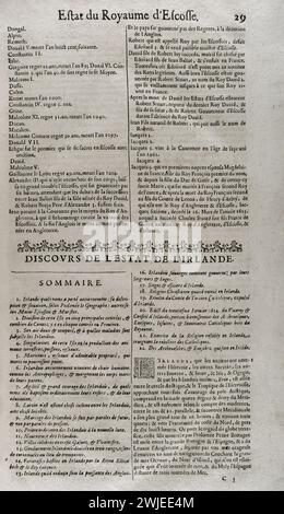 "Les Estats, Empires, Royaumes et Principautez du Monde" (die Staaten, Reiche, Königreiche und Fürstentümer der Welt), von D. T. V. Y. (Pierre d'Avity, 1573-1635). Erklärung des Staates Irland, Zusammenfassung. Ausgabe gedruckt in Genf von Samuel Chouët, 1665. Stockfoto