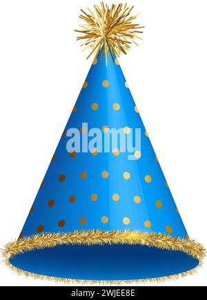 Blaue Partyhüte mit Punktmuster. Mockup der Mütze für Geburtstag, Weihnachten, festliche Feier isoliert auf transparenter Hintergrund Illustration. Stock Vektor