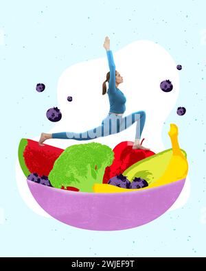 Moderne ästhetische Kunstwerke. Eine fitte, sportliche Frau steht in Yoga-Pose auf einer riesigen Schüssel mit Obst und Gemüse. Gesunder Lebensstil und ausgewogene Ernährung. Stockfoto