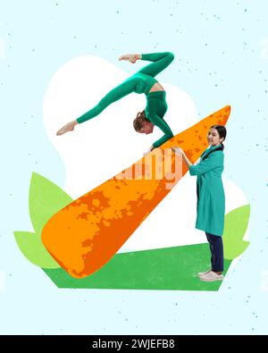 Zeitgenössische Kunstcollage. Athletische Frau, die ihre Fähigkeiten im Yoga ausübt und sich auf einem riesigen Stück Karotte posiert, das den Arzt hält. Gesunder Lebensstil und Stockfoto