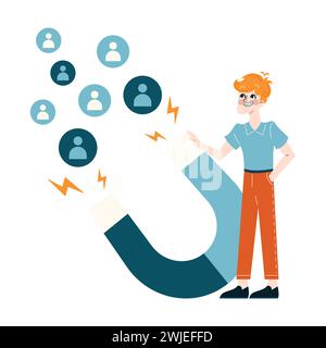 Business-People-Konzept. Energetic Marketer nutzt Magnetismus, um Kunden zu gewinnen. Kundenakquise und charismatische Marketingstrategien. Illustration des flachen Vektors Stock Vektor