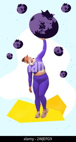 Moderne ästhetische Kunstwerke. Eine junge Frau auf Diät hält riesige Heidelbeere und macht damit Übungen für die Hände. Gesunde Lebensweise und Ernährung. Stockfoto