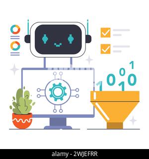 Konzept der Chat Bot-Benutzerintegration. Digitaler Assistent am Computer, Verarbeitung von Benutzerdaten mit Maschinenalgorithmen. Optimierte Kundenerfahrung, sofortige Fehlerbehebung. Illustration des flachen Vektors Stock Vektor