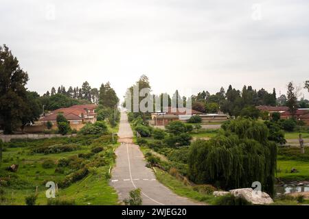 Die Luftaufnahme fängt eine Straße ein, die durch ein grünes, grünes Feld in Südafrika führt. Stockfoto