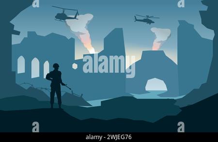 Silhouette Design des Soldaten stehen und halten Waffe in der Stadt nach dem Krieg, Vektor-Illustration Stock Vektor