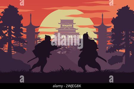 Silhouettendesign des Samurai-Kriegers von Japan kämpfen, Vektor-Illustration Stock Vektor