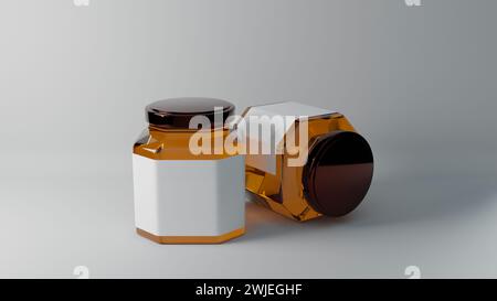 2 Glas Honigglas-Etikett Modell 3d mit weißem Hintergrund Stockfoto