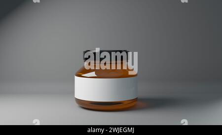 250-ml-Honiggläser mit schwarzem Rechteck und sechseckigem Papieretikett auf der Frontplatte auf weißem, solidem Hintergrund, bereit für das Branding 3D rende Stockfoto