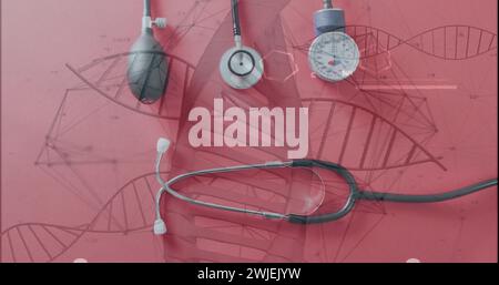 Bild chemischer Strukturen und dna-Stränge über Stethoskop und Druckmesser Stockfoto