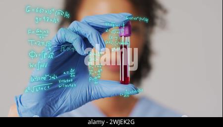 Darstellung mathematischer Gleichungen über birassische Ärztin mit Reagenzglas Stockfoto