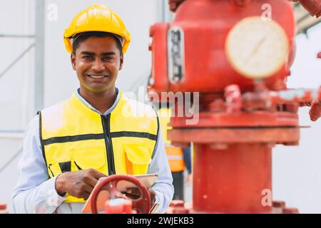 Porträt glücklicher indischer Ingenieur Sicherheitsmitarbeiter Arbeiter Arbeitssteuerung Ventil Gasrohr Ölindustrie betreiben Stockfoto