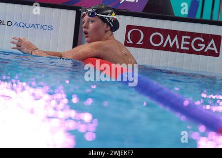 Doha, Katar. Februar 2024. Die belgische Grace Palmer wurde am Donnerstag, den 15. Februar 2024, nach den 200-m-Brüsten der Frauen bei den Schwimmweltmeisterschaften in Doha, Katar, aufgenommen. BELGA FOTO NIKOLA KRSTIC Credit: Belga Nachrichtenagentur/Alamy Live News Stockfoto