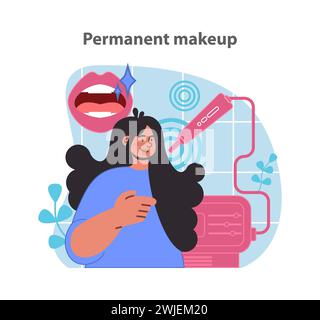 Permanente Make-up-Anwendung in einer Schönheitsklinik. Spezialist für kosmetische Tätowierungen. Dauerhafte Schönheitslösung. Illustration des flachen Vektors. Stock Vektor