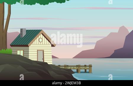 Holzhaus mit schöner See- und Berglandschaft. Auf Dem Land. Stock Vektor