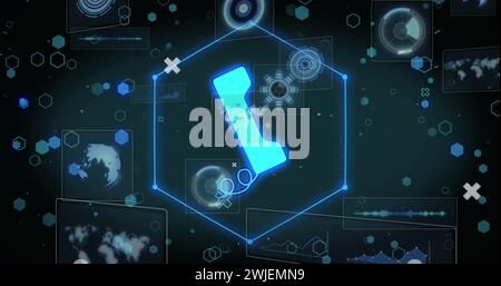 Bild der Datenverarbeitung mit Symbolen auf schwarzem Hintergrund Stockfoto