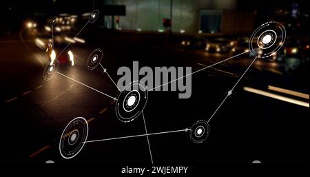 Bild eines Netzes von Verbindungen mit Symbolen über Autos auf der Straße Stockfoto