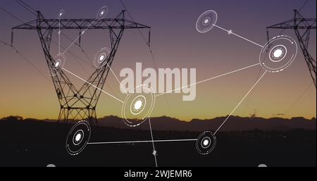 Bild eines Verbindungsnetzes mit Symbolen über Pylonen Stockfoto