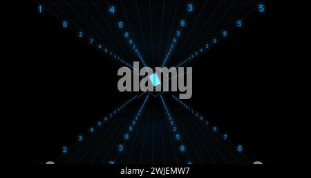 Bild der Datenverarbeitung mit Symbolen auf schwarzem Hintergrund Stockfoto