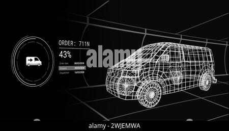 Abbildung von Symbolen mit Datenverarbeitung über digitalem Fahrzeug auf schwarzem Hintergrund Stockfoto
