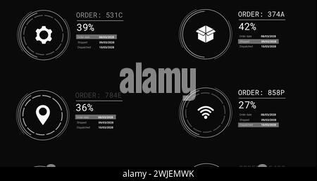 Bild von Symbolen mit Datenverarbeitung auf schwarzem Hintergrund Stockfoto
