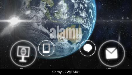 Bild von Symbolen, Verbindungen und Globus mit Datenverarbeitung Stockfoto
