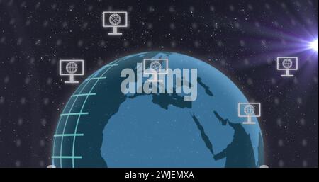 Bild von Symbolen, Verbindungen und Globus mit Datenverarbeitung Stockfoto