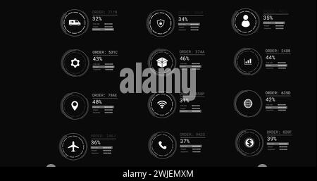 Bild von Symbolen mit Datenverarbeitung auf schwarzem Hintergrund Stockfoto