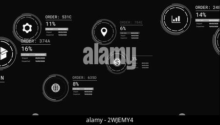 Bild von Symbolen mit Datenverarbeitung auf schwarzem Hintergrund Stockfoto