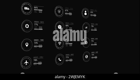 Bild von Symbolen mit Datenverarbeitung auf schwarzem Hintergrund Stockfoto