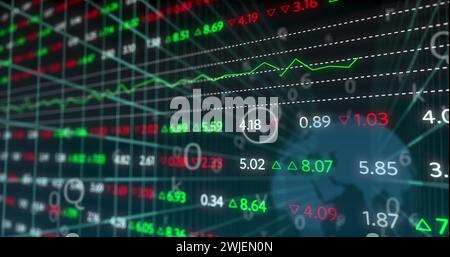 Bild von Symbolen, Verbindungen und Datenverarbeitung auf der ganzen Welt Stockfoto