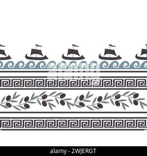Nahtloses Muster mit Oliven, Wellen, Schiffen und griechischen Symbolen. Reiche alte stilisierte Ornament, Vektor-Illustration Stock Vektor
