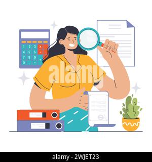 Auditkonzept. Professionelle Frau, die Finanzdokumente prüft, mit Rechner und Lupe. Genauigkeit in Zahlen, detaillierte Prüfung. Illustration des flachen Vektors Stock Vektor