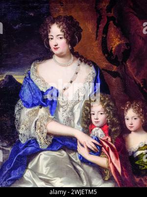 Sophia Dorothea von Celle (1666–1726), mit ihren Kindern Georg August (1683–1760, später König Georg II. Von Großbritannien) und Sophie Dorothea (1687–1757, später Königin Sophie Dorothea von Preußen), Porträtmalerei in Öl auf Leinwand von Jacques Vaillant, 1690-1691 Stockfoto