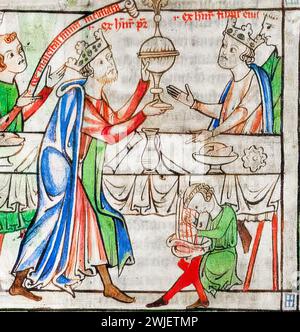 Krönung von Heinrich dem jungen König (1155–1183), Titularkönig von England, Herzog der Normandie, Graf von Anjou und Maine, illustriertes Porträtbild 1220-1240 Stockfoto