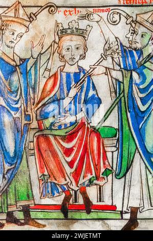 Krönung von Heinrich dem jungen König (1155–1183), Titularkönig von England, Herzog der Normandie, Graf von Anjou und Maine, illustriertes Porträtbild 1220-1240 Stockfoto