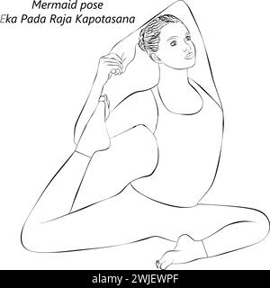 Skizze einer Frau, die Yoga macht, Eka Pada Raja Kapotasana. Meerjungfrau Pose. Mittlere Schwierigkeit. Isolierte Vektordarstellung. Stock Vektor