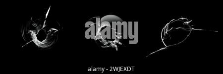 Weiße Risse im Glas auf schwarzem Hintergrund. Risse im Fenster. Stockfoto