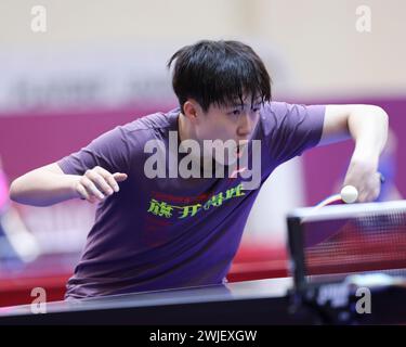 Busan, Südkorea. Februar 2024. Der chinesische Spieler Wang Chuqin nimmt an einem Training vor dem Finale der ITTF World Team Table Tennis Championships 2024 in Busan, Südkorea, am 15. Februar 2024 Teil. Die Veranstaltung findet hier vom 16. Bis 25. Februar statt. Quelle: Yao Qilin/Xinhua/Alamy Live News Stockfoto